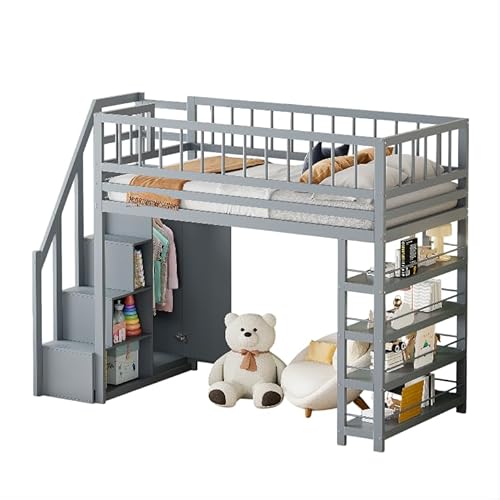 Goldicoo Mittel Hochbett 90x200 Holz für Kleinkind Kinder Jugend mit Treppe, Kinderbett mit Kleiderschrank und Regal von Goldicoo