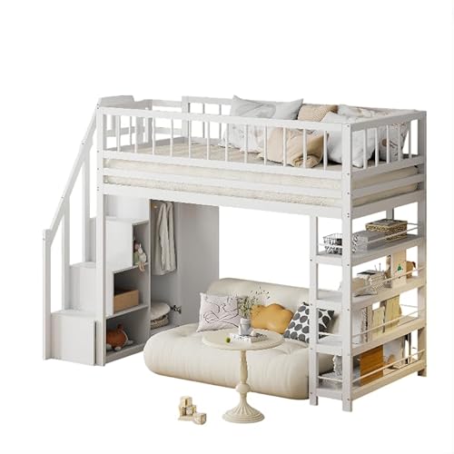 Goldicoo Mittel Hochbett 90x200 Holz für Kleinkind Kinder Jugend mit Treppe, Kinderbett mit Kleiderschrank und Regal von Goldicoo