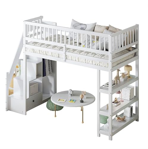 Goldicoo Mittel Hochbett 90x200 Holz für Kleinkind Kinder Jugend mit Treppe, Kinderbett mit Offener Kleiderschrank und Regal von Goldicoo