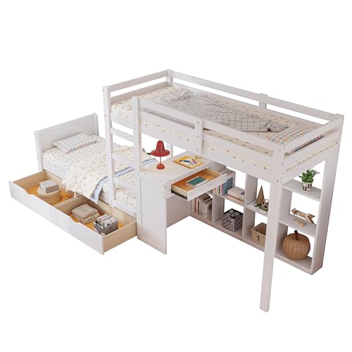 Etagenbett Kinderbett 90x200 Holz mit Schreibtisch & Schubladen für Kinder & Jugendliche - Hochbett Hausform mit unterem Bett 90x200 von Goldicoo