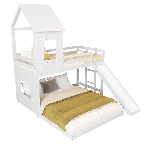 Etagenbett Kinderbett 90x200 Holz mit Rutsche für Kinder & Jugendliche - Hochbett Hausform mit unterem Bett 140x200 von Goldicoo