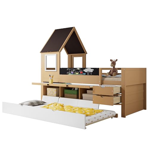 Goldicoo Halb Hochbett 90x200 Holz Kinder mit Unterbett-Stauschrank, Kinderbett mit Dach von Goldicoo