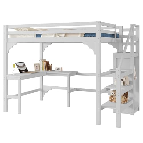 Goldicoo Hochbett 140x200 Holz für Kinder Jugend Erwachsene mit Schreibtisch und Treppe, Kinderbett mit Offener Kleiderschrank von Goldicoo
