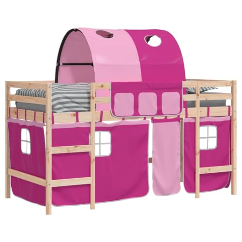 Goldicoo Kinder Hochbett Kinderbett mit Vorhänge & Tunnel – Spielbett für Jungen und Mädchen – Rosa Schwarz – 80x200 90x190 90x200 – Massivholz Kiefer von Goldicoo
