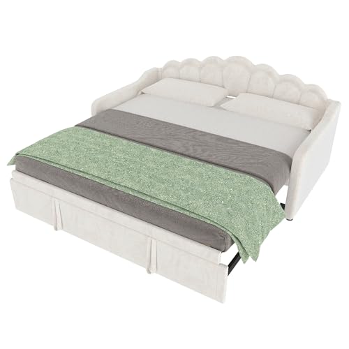Goldicoo Kinderbett Tagesbett Jugendbett 90x200 / 180x200 für Mädchen & Junge Kinder - Polsterbett mit Lattenrost und Ausziehbett - Beige/Samt von Goldicoo