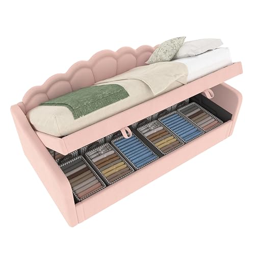 Goldicoo Kinderbett Tagesbett Jugendbett 90x200 für Mädchen & Junge Kinder - Polsterbett mit Lattenrost - Rosa/Samt von Goldicoo
