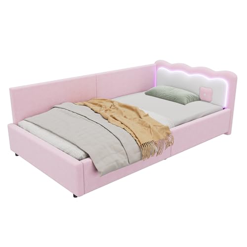 Goldicoo Kinderbett Tagesbett Jugendbett 90x200 für Mädchen & Junge Kinder - Polsterbett mit Lattenrost - Rosa/Samt von Goldicoo