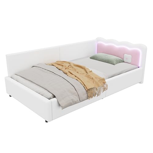 Goldicoo Kinderbett Tagesbett Jugendbett 90x200 für Mädchen & Junge Kinder - Polsterbett mit Lattenrost - Weiß/Samt von Goldicoo