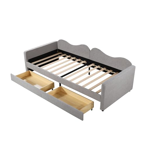 Goldicoo Kinderbett Tagesbett Jugendbett 90x200 für Mädchen & Junge Kinder - Polsterbett mit Lattenrost und Stauraum - Grau/Teddystoff von Goldicoo