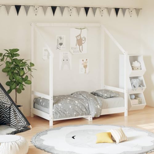Goldicoo Kinderbett aus Massivholz Kiefer – Bett mit Lattenrost und Baldachinrahmen – 70x140 / 80x160 / 80x200 / 90x190 / 90x200 cm – Natur/Schwarz/Weiß – Bett für Kinder ab 18 Monaten von Goldicoo
