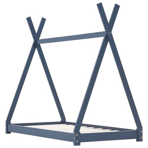 Goldicoo Kinderbett aus Massivholz Kiefer – Tipi-Stil Hausbett mit Lattenrost – 70x140 cm / 80x160 cm / 90x200 cm – Original Holzfarbe/Weiß/BlauGrau – Kinderzimmer Bettgestell von Goldicoo