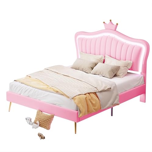 Goldicoo Mädchen Polsterbett Kinderbett Jugendbett 140x200 - Mädchen Bett Prinzessinnenbett mit Kopfteil in Krone Design - Kunstlederstoff von Goldicoo