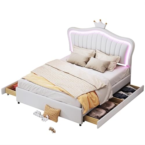 Goldicoo Mädchen Polsterbett Kinderbett Jugendbett 140x200 mit 4 Schubladen - Mädchen Bett Prinzessinnenbett mit Kopfteil in Krone Design - Kunstlederstoff von Goldicoo