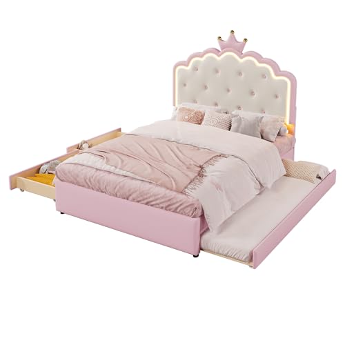 Goldicoo Mädchen Polsterbett Kinderbett Jugendbett 140x200 mit Ausziehbett & 2 Schubladen - Mädchen Bett Prinzessinnenbett mit Kopfteil in Kronenformung - PU Goldicoo Mädchen Polsterbett Kinderbett Jugendbett 140x200 mit Ausziehbett & 2 Schubladen - Mädchen Bett Prinzessinnenbett mit Kopfteil in Kronenformung - PU von Goldicoo