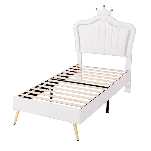 Goldicoo Mädchen Polsterbett Kinderbett Jugendbett 90x200 - Mädchen Bett Prinzessinnenbett mit Kopfteil in Krone Design - Kunstlederstoff von Goldicoo