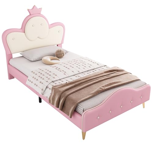 Goldicoo Mädchen Polsterbett Kinderbett Jugendbett 90x200 - Mädchen Bett Prinzessinnenbett mit Kopfteil in Krone-Form - Kunstlederstoff von Goldicoo