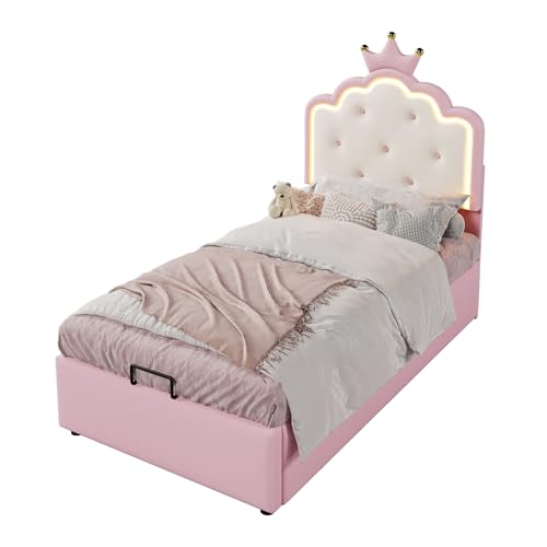 Goldicoo Mädchen Polsterbett Kinderbett Jugendbett 90x200 - Mädchen Bett Prinzessinnenbett mit Kopfteil in Kronenformung - PU von Goldicoo