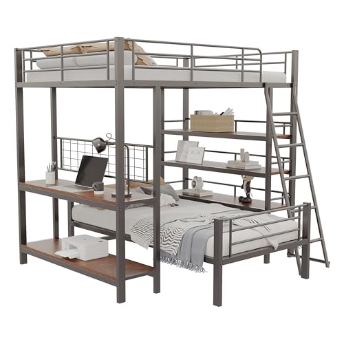 Goldicoo Metall Etagenbett 2 Kinder 140x200 / 90x200 - Hochbett mit Einzelbetten unten, Stabile Leiter - Kinderbett Jugendbett Gästebett mit Schreibtisch und Offenes Regal von Goldicoo