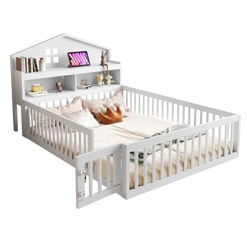 Goldicoo Montessori Bodenbett Hausbett 140X200 - Kinderbett aus Holz mit Rausfallschutz, Lattenrost und Regal, Gitterbett mit Tür Goldicoo Montessori Bodenbett Hausbett 140X200 - Kinderbett aus Holz mit Rausfallschutz, Lattenrost und Regal, Gitterbett mit Tür von Goldicoo