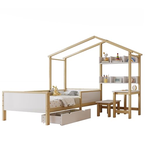 Goldicoo Montessori Hausbett 90X200, L-Form, Kinderbett aus Holz mit Rausfallschutz, Lattenrost, Schreibtisch und Regal von Goldicoo