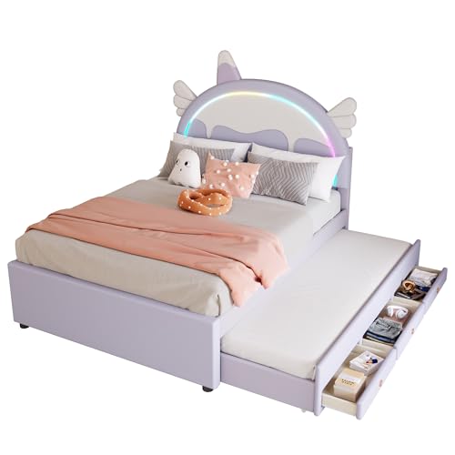 Goldicoo Polsterbett 140x200 für Mädchen und Jungen - Kopfteil in Einhornform - Kinderbett Jugendbett mit Ausziehbett & 3 Schubladen - Kunstlederstoff von Goldicoo