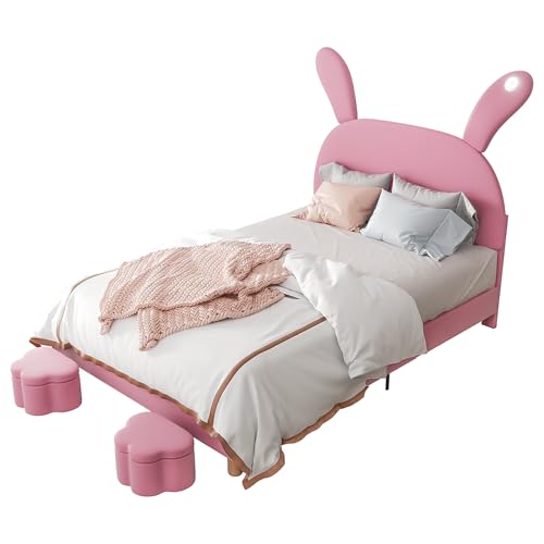 Goldicoo Polsterbett 140x200 für Mädchen und Jungen - Kopfteil in Hasenohrform - Kinderbett Jugendbett mit 2 Betthocker - Samtstoff von Goldicoo