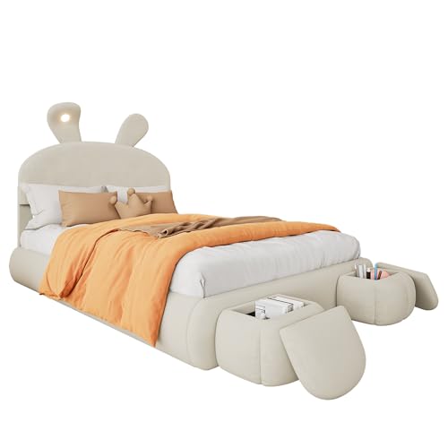 Goldicoo Polsterbett 140x200 für Mädchen und Jungen - Kopfteil in Hasenohrform - Kinderbett Jugendbett mit 2 Betthocker - Samtstoff von Goldicoo