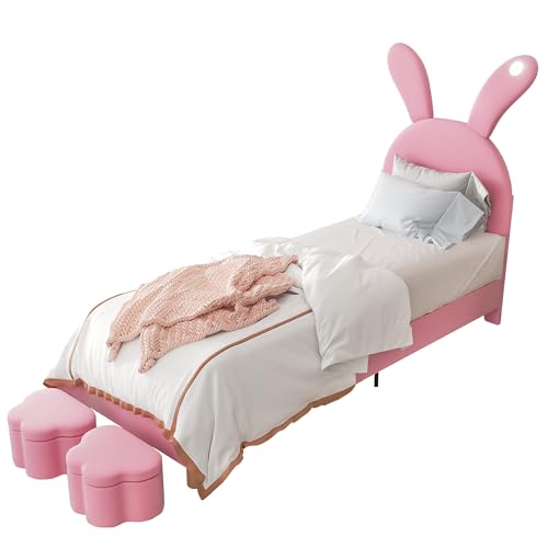 Goldicoo Polsterbett 90x200 für Mädchen und Jungen - Kopfteil in Hasenohrform - Kinderbett Jugendbett mit 2 Betthocker - Samtstoff von Goldicoo