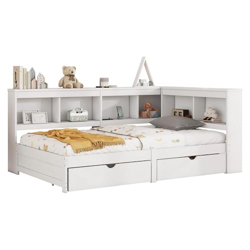 Goldicoo Tagesbett 90x200 mit Schubladen - Schlafsofa Daybett Sofabett - Kinderbett Jugendbett Einzelbett mit Offenes Regal - Spanplatte von Goldicoo