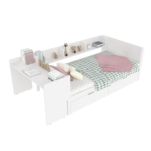 Goldicoo Tagesbett 90x200 mit Schubladen - Schlafsofa Daybett Sofabett - Kinderbett Jugendbett Einzelbett mit Schreibtisch & Offenes Regal - Holz von Goldicoo