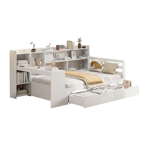 Goldicoo Tagesbett 90x200 mit Schubladen - Schlafsofa Daybett Sofabett - Kinderbett Jugendbett Einzelbett mit Schreibtisch & Offenes Regal - Holz von Goldicoo