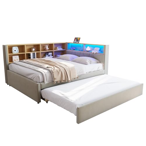 Goldicoo Tagesbett Ausziehbar 140x200 mit Ausziehbett 90x180 - Schlafsofa Daybett Sofabett - Kinderbett Jugendbett Einzelbett mit Offenes Regal - Biber von Goldicoo