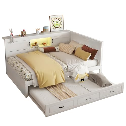 Goldicoo Tagesbett Ausziehbar 140x200 mit Ausziehbett 90x190 - Schlafsofa Daybett Sofabett - Kinderbett Jugendbett Einzelbett mit Offenes Regal - Spanplatte von Goldicoo