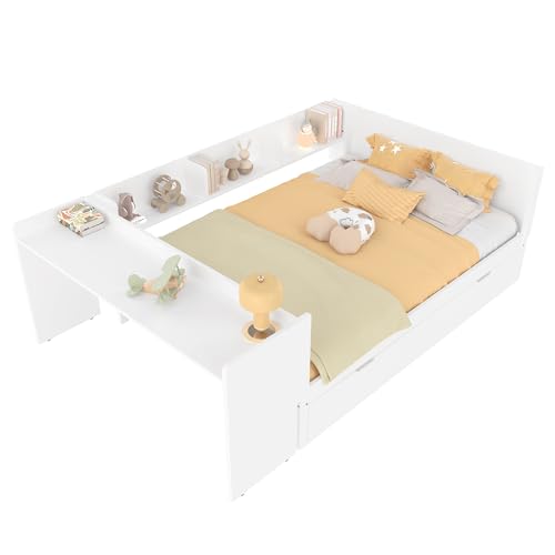 Goldicoo Tagesbett Ausziehbar 140x200 mit Ausziehbett 90x190 - Schlafsofa Daybett Sofabett - Kinderbett Jugendbett Einzelbett mit Schreibtisch & Offenes Regal - Holz von Goldicoo