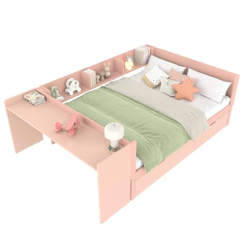Goldicoo Tagesbett Ausziehbar 140x200 mit Ausziehbett 90x190 - Schlafsofa Daybett Sofabett - Kinderbett Jugendbett Einzelbett mit Schreibtisch & Offenes Regal - Holz von Goldicoo