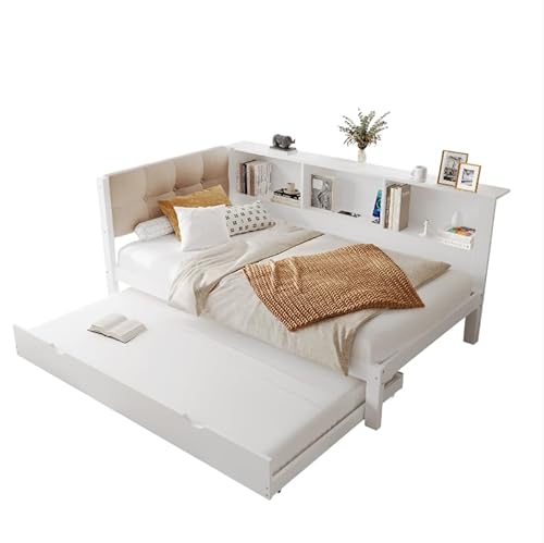 Goldicoo Tagesbett Ausziehbar 90x200 mit Ausziehbett 90x190 - Schlafsofa Daybett Sofabett - Kinderbett Jugendbett Einzelbett mit Offenes Regal - Holz von Goldicoo