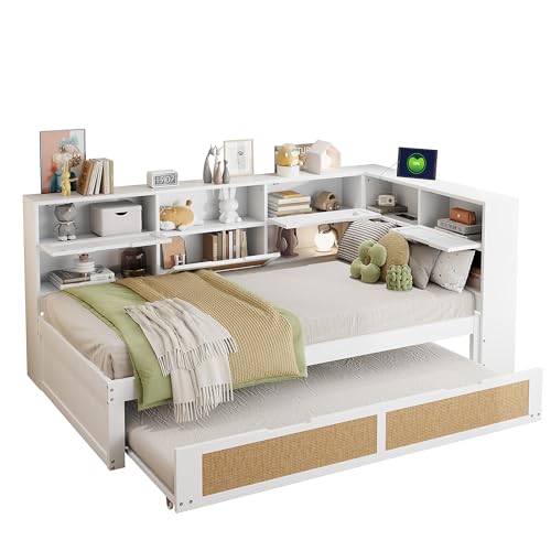 Goldicoo Tagesbett Ausziehbar 90x200 mit Ausziehbett 90x190 - Schlafsofa Daybett Sofabett - Kinderbett Jugendbett Einzelbett mit Offenes Regal - Holz von Goldicoo