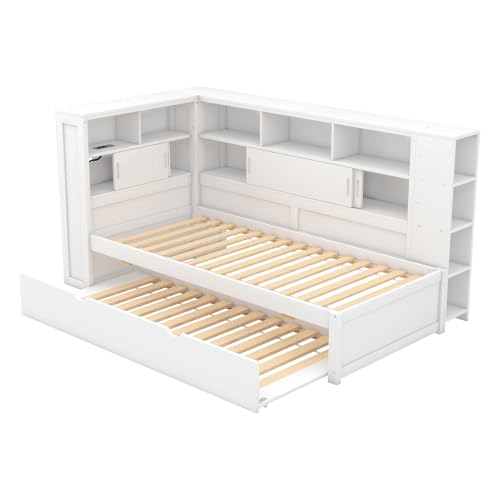 Goldicoo Tagesbett Ausziehbar 90x200 mit Ausziehbett 90x190 - Schlafsofa Daybett Sofabett - Kinderbett Jugendbett Einzelbett mit Offenes Regal - Spanplatte von Goldicoo