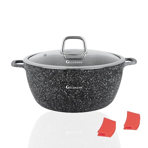 GOLDMANN 32 CM Aluguss-Kochtopf/Suppentopf mit Silikongriff, 10 Liter, Marmor-Keramik-Antihaftbeschichtung & Glasdeckel von Goldmann