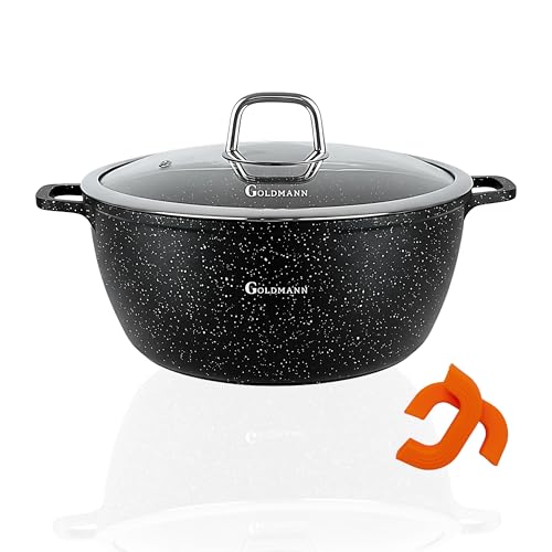 GOLDMANN 32 CM Aluguss-Kochtopf/Suppentopf mit Silikongriff, 10 Liter, Marmor-Keramik-Antihaftbeschichtung & Glasdeckel von Goldmann