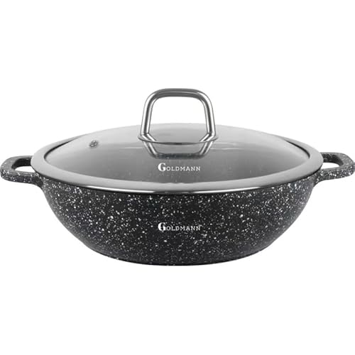 GOLDMANN Aluminiumguss Servierpfanne 28 CM(4.1L), Keramik-Marmor Beschichtung, mit Glasdeckel, Induktionsgeeignet, Schwarz (28x8 CM) von Goldmann
