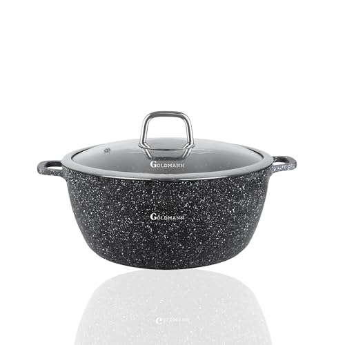 GOLDMANN 28 cm Antihaft-Kasserolle/Kochtopf mit Glasdeckel, 6,5 l Marmorierte Keramikbeschichtung, alle Herdplatten, umweltfreundlich von Goldmann