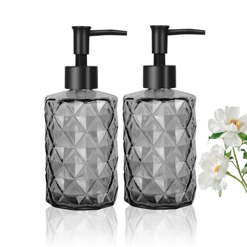 2 Glas Seifenspender Schwarz, 11oz Flüssigseifenspender mit Kunststoff Pumpkopf, Nachfüllbarer Handseifenspender für Küche Badezimmer, Spülmittelspender, Shampoo Duschgel Spender von Goldmeet