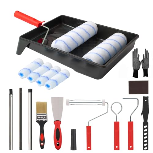Farbroller-Set, 16-teiliges Farbrollen- und Tablett-Set mit Verlängerungsstange, Pinsel, Rollenschaum, Mikrofaserrollenabdeckung, Farbschaber und Handschuhen, Malwerkzeug-Kit zum Streichen von Wänden von Goldmeet