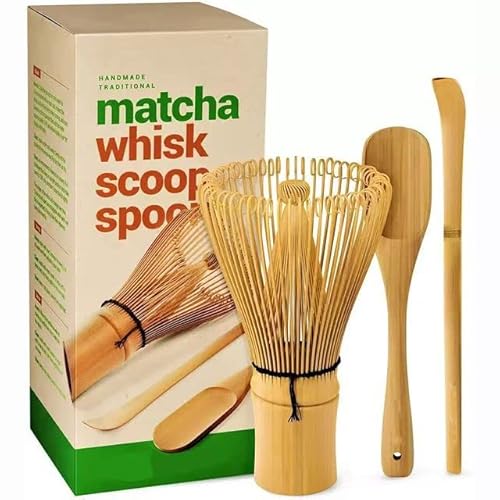 Matcha Set, Matcha Besen, Macha Tea Set 3 Stück Macha Zubehör mit Matcha Whisk | Schaufel | Bambuslöffel | Matcha-Set für die Teezeremonie, Ceremonial Matcha Zubehör Set für die Zubereitung von Goldmeet