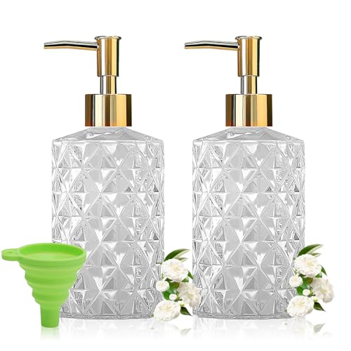 2 Glas Seifenspender Set Pumpflasche Transparente, Pumpspender 11oz Spülmittelspender Küche mit Pumpkopf und Trichter, Nachfüllbarer Duschgel Spenderflasche, Badaccessoires, Spender Ohne Bohren von Goldmeet
