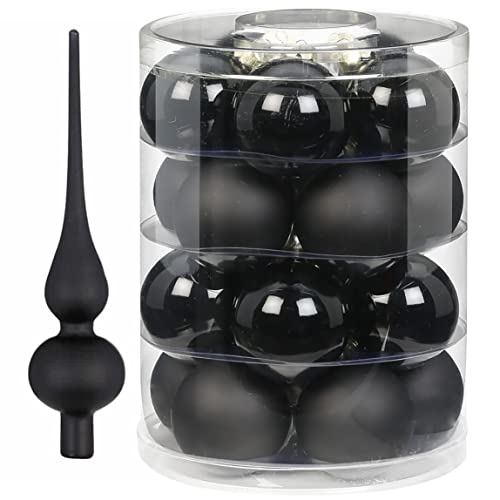 Weihnachtsbaumschmuck Set | 20 Weihnachtskugeln 6cm & Christbaumspitze 26cm | Christbaumschmuck aus Glas (Ebony Black | schwarz) von Goldschmidt