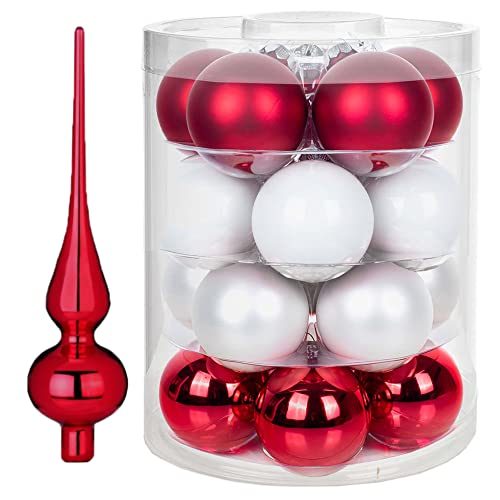 Weihnachtsbaumschmuck Set | 20 Weihnachtskugeln 6cm & Christbaumspitze 26cm | Christbaumschmuck aus Glas (Frozen Strawberry | rot weiß) von Goldschmidt