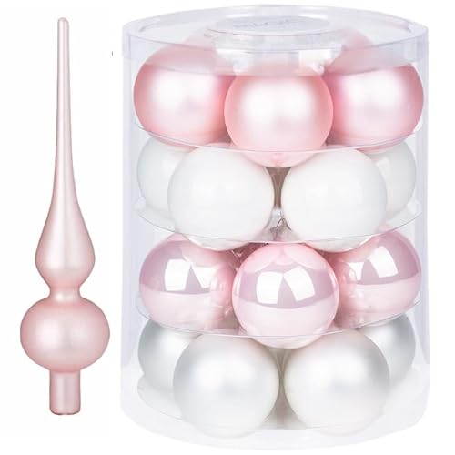 Weihnachtsbaumschmuck Set | 20 Weihnachtskugeln 6cm & Christbaumspitze 26cm | Christbaumschmuck aus Glas (Noble Rose | rosa weiß) von Goldschmidt