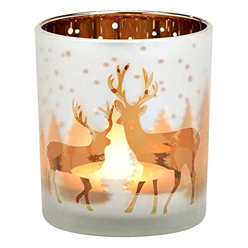 Windlicht Tannenbaum Glas | Teelichtglas Weihnachten Winter | Hirsch Teelichthalter (Hirsche weiß) von Goldschmidt